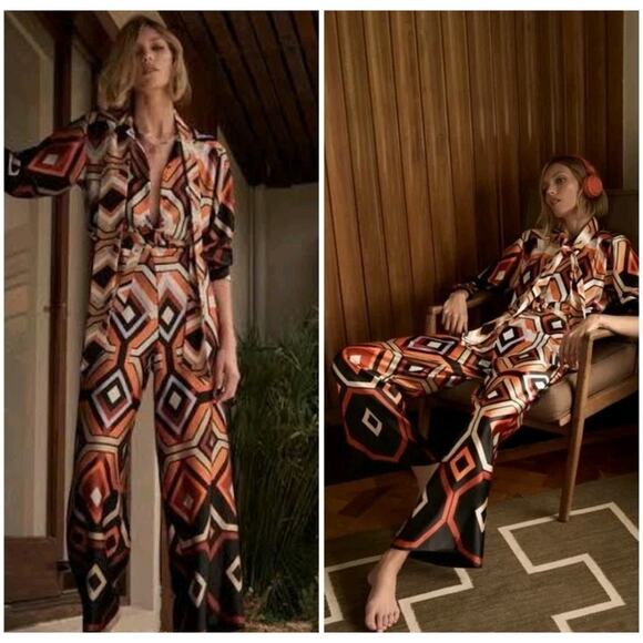 Zara Pants - ZARA Medium Satin 70s Geometric Print Belted Neck Scarf Tie Wide Leg Jumpsuit